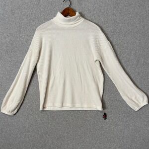 Gap Women's Medium Cream Ribbed Turtleneck Sweater Balloon Sleeve Off White